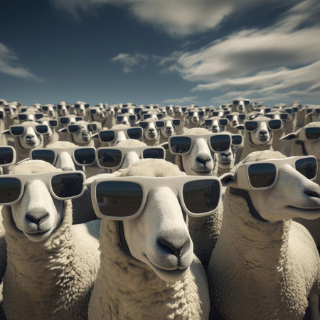 A herd of sheep wearing virtual reality glassesの素材