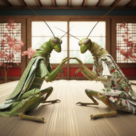 Two praying mantis fighting on the tatami matの素材
