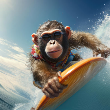 Monkey on surfboard swimming in the seaの素材