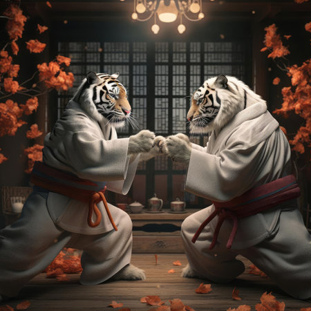 Two tigers fighting on the tatami matの素材