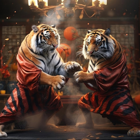Two tigers fighting on the tatami matの素材