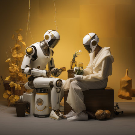 A girl with a robot sits in a cafe at the same tableの素材