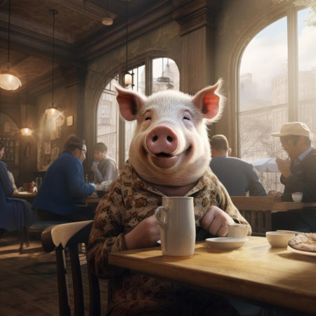 Pig in a cafe with peopleの素材