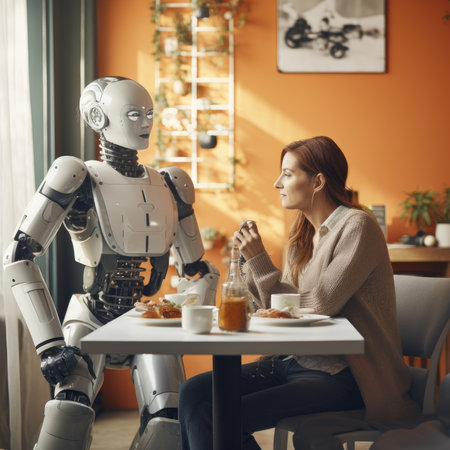 A girl with a robot sits in a cafe at the same tableの素材