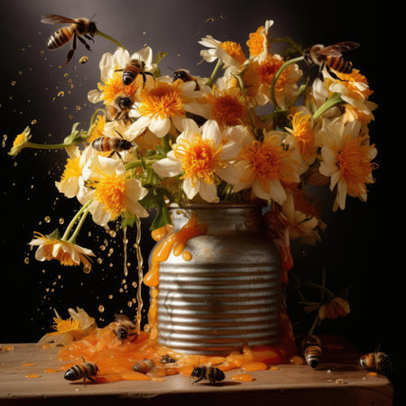 A vase of flowers and bees collecting honeyの素材