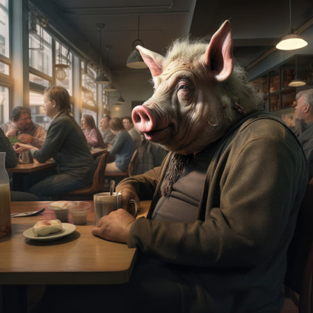 Pig in a cafe with peopleの素材