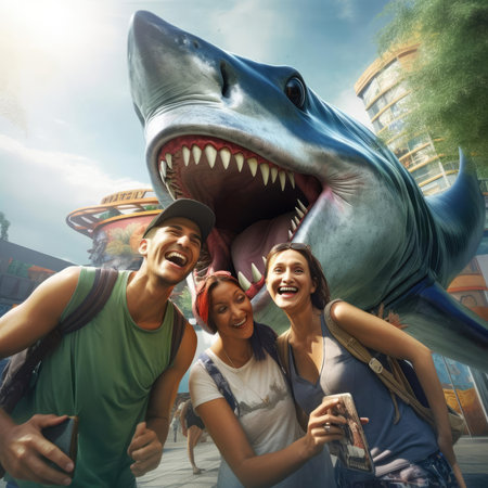 People take selfies with a big sharkの素材