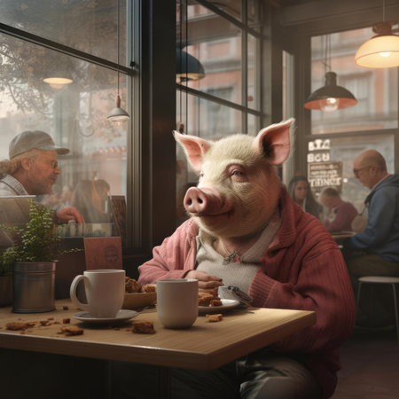 Pig in a cafe with peopleの素材