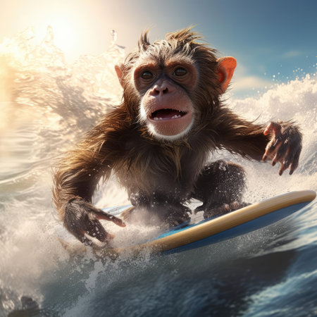 Monkey on surfboard swimming in the seaの素材