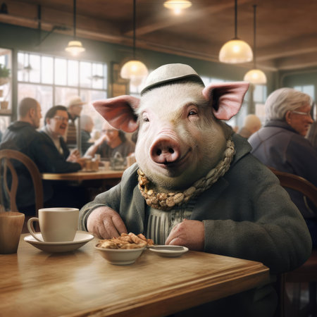 Pig in a cafe with peopleの素材