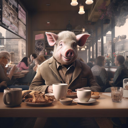 Pig in a cafe with peopleの素材