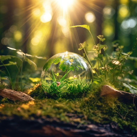 Glass sphere in the forest, grass and sunの素材