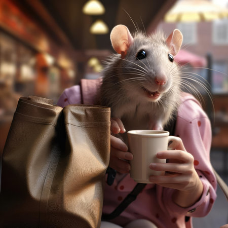 Mouse in a cafe at the tableの素材