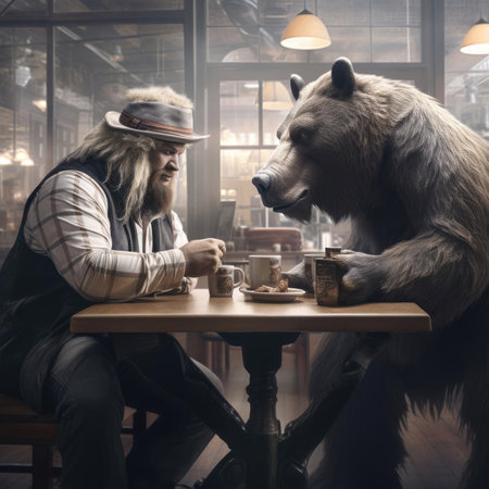 A man and a bear in a cafeの素材