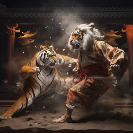 Two tigers fighting on the tatami matの素材