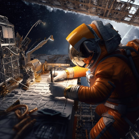 Cosmonaut repairs station in outer spaceの素材
