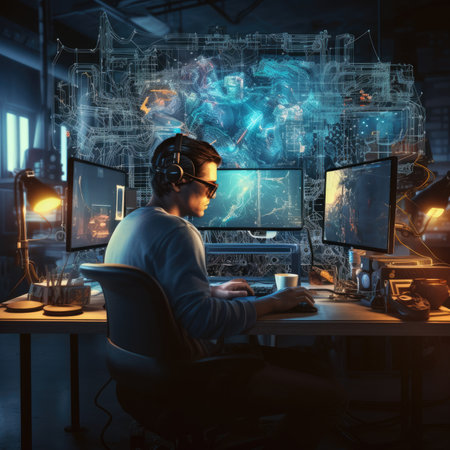 A programmer works at a computer through a neural interfaceの素材