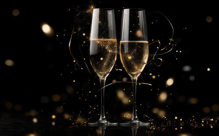 Two champagne glasses on a blurred gold backgroundの素材