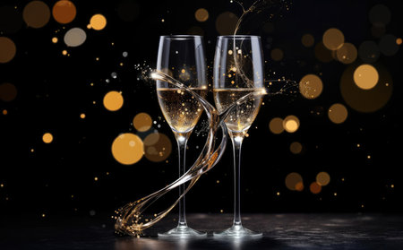 Two champagne glasses on a blurred gold backgroundの素材