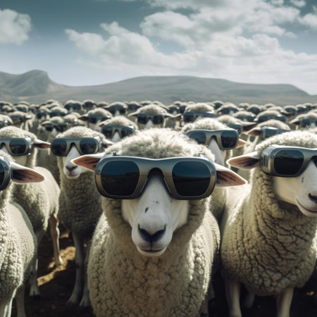 A herd of sheep wearing virtual reality glassesの素材