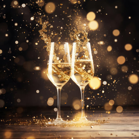 Two champagne glasses on a blurred gold backgroundの素材