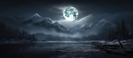 Forest, lake, mountains and a big night moonの素材