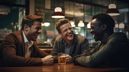 Three friends chatting in a cafe, smilingの素材