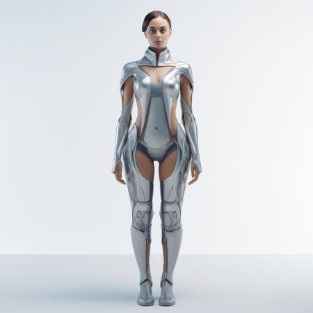 Woman in clothes of the future on a white backgroundの素材