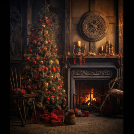 Christmas tree in a classic wooden interior at nightの素材