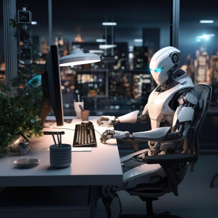 A robot works at a computer in an officeの素材