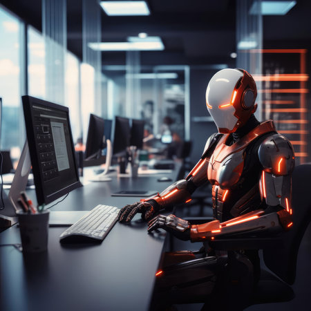 A robot works at a computer in an officeの素材