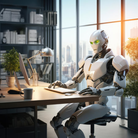 A robot works at a computer in an officeの素材