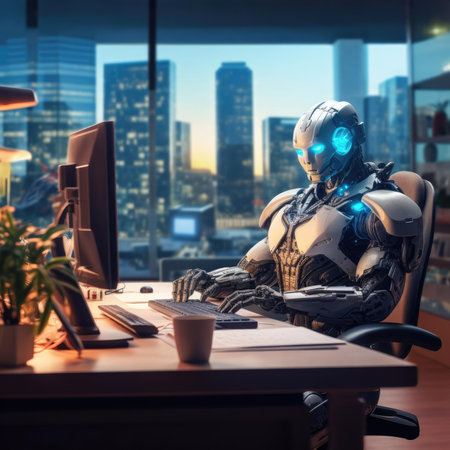 A robot works at a computer in an officeの素材