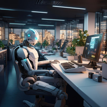 A robot works at a computer in an officeの素材