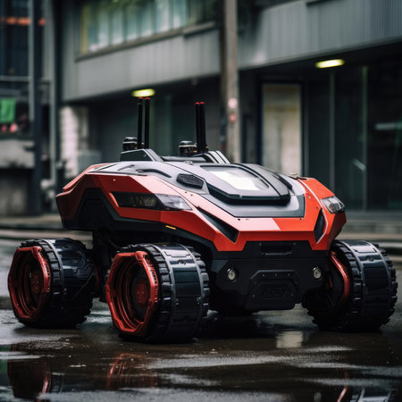 Urban robot vacuum cleaner of the future on the streetの素材