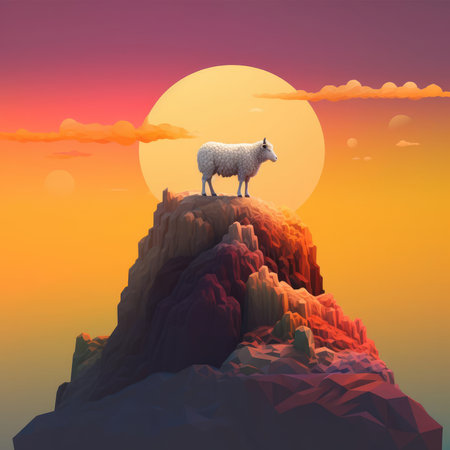 Ram on top of a mountain at sunriseの素材