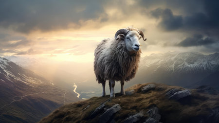 Ram on top of a mountain at sunriseの素材
