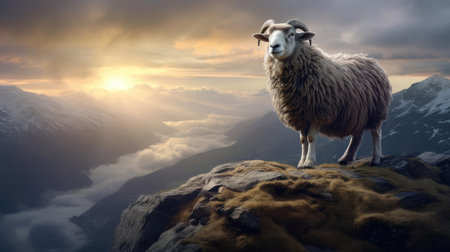 Ram on top of a mountain at sunriseの素材
