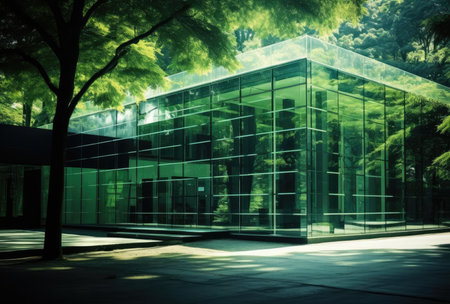 Lots of green plants around the modern glass houseの素材