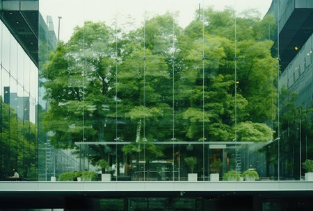 Lots of green plants around the modern glass houseの素材