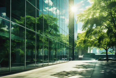 Lots of green plants around the modern glass houseの素材