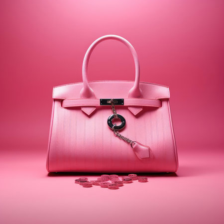 Womens pink handbag on pink backgroundの素材