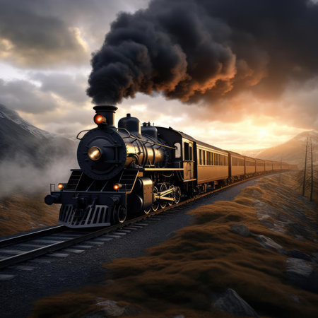The steam train travels in the eveningの素材