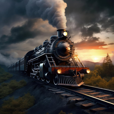 The steam train travels in the eveningの素材