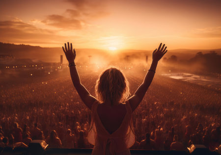 The girl stands with her back to the cameraの素材