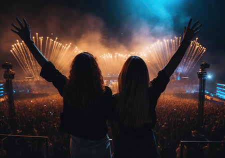 Two girlfriends stand with their backs to the cameraの素材
