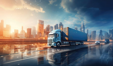 A modern truck is driving on the roadの素材
