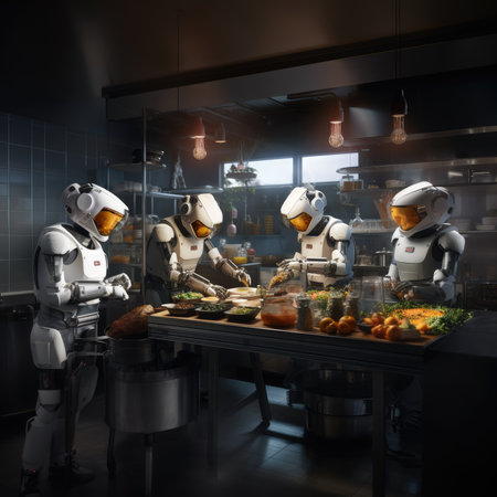 Two robots preparing food in the kitchenの素材