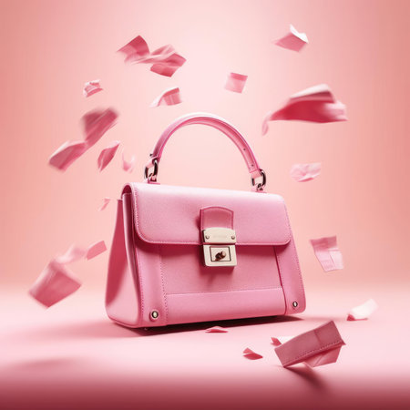 Womens pink handbag on pink backgroundの素材