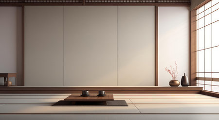 The interior of a room with a blank wall. Wooden floorの素材